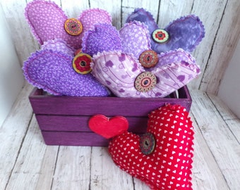 Fabric Hearts with Wooden Caddy Purple and Lavender Country Bowl Fillers, Unique Handmade Ornaments Set of 8 With Box  Mother's Day