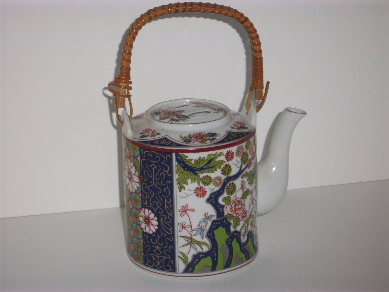 Vintage ORIENTAL TEAPOT featuring Rich Blues and Greens Wicker Etsy