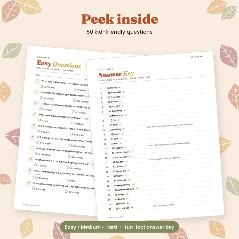 Thanksgiving Trivia Questions and Answers Printable, 50 Questions for Adults and Kids, Family Thanksgiving Dinner Game, Instant PDF image 2