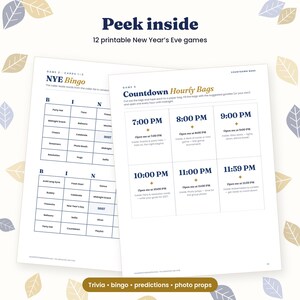 May include: Two printable sheets featuring New Year's Eve games. One sheet displays NYE Bingo cards with columns labeled B, I, N. The other sheet shows Countdown Hourly Bags with time slots from 7:00 PM to 11:59 PM, printed in dark blue and gold text.