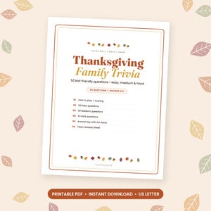 Thanksgiving Trivia Questions and Answers Printable, 50 Questions for Adults and Kids, Family Thanksgiving Dinner Game, Instant PDF image 1
