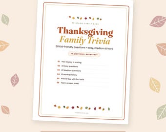 Thanksgiving Trivia Questions and Answers Printable, 50 Questions for Adults and Kids, Family Thanksgiving Dinner Game, Instant PDF