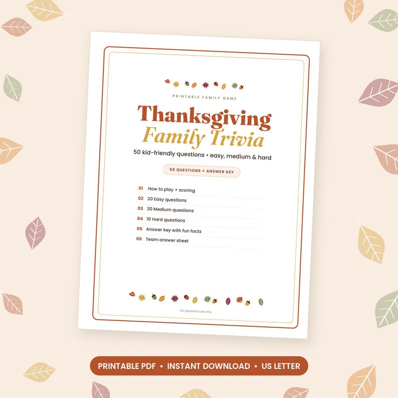 Thanksgiving Trivia Questions and Answers Printable, 50 Questions for Adults and Kids, Family Thanksgiving Dinner Game, Instant PDF image 1
