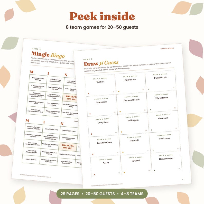 Friendsgiving Games for Large Groups, Printable Team Party Games for 20-50 Guests, Trivia, Bingo, Draw and Guess, Thanksgiving Party Pack image 2