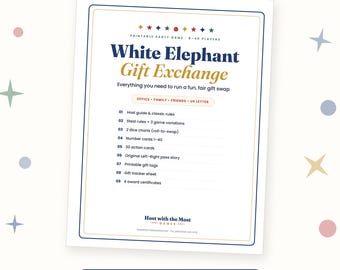 Juego imprimible de intercambio de regalos del Elefante Blanco, reglas de intercambio de regalos, juego de dados, cartas de acción, historia de izquierda a derecha, juego para la fiesta de Navidad de la oficina
