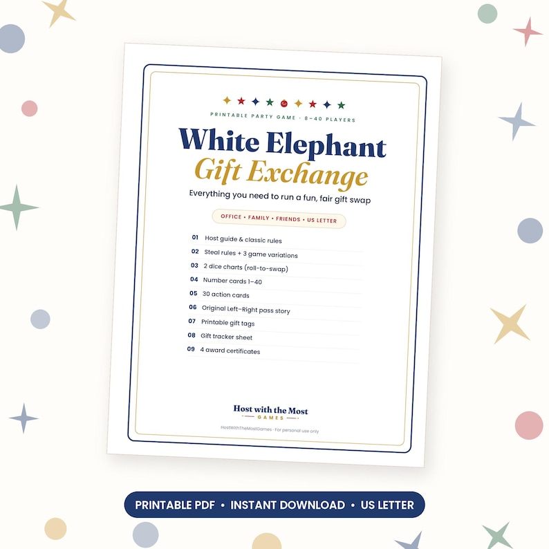 White Elephant Gift Exchange Game Printable, Gift Swap Rules, Dice Game, Action Cards, Left Right Story, Office Christmas Party Game image 1