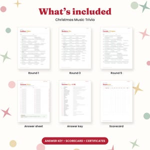May include: A Christmas Music Trivia set featuring six white pages with red and gold text. The pages include Round 1 Golden Oldies, Round 3 Modern Hits, Round 5 Carols & Origins, an Answer Sheet, an Answer Key 1-25, and a Scorecard.