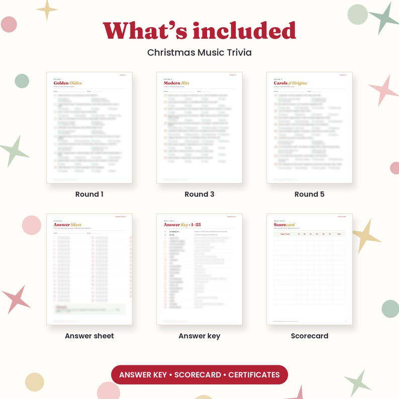 May include: A Christmas Music Trivia set featuring six white pages with red and gold text. The pages include Round 1 Golden Oldies, Round 3 Modern Hits, Round 5 Carols & Origins, an Answer Sheet, an Answer Key 1-25, and a Scorecard.
