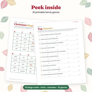 Juegos navideños imprimibles para la familia, juegos para fiestas navideñas para niños y adultos, paquete de 20 juegos con respuestas, PDF para la noche de juegos de Nochebuena imagen 2