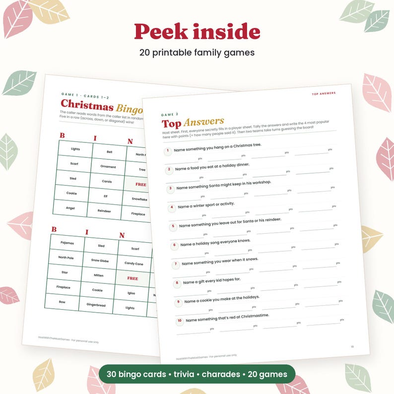 Juegos navideños imprimibles para la familia, juegos para fiestas navideñas para niños y adultos, paquete de 20 juegos con respuestas, PDF para la noche de juegos de Nochebuena imagen 2