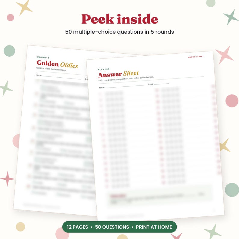 May include: A trivia game set featuring 50 multiple-choice questions across 5 rounds. The document includes a question sheet titled Golden Oldies and an answer sheet with bubble grids. The text states 12 pages, 50 questions, and print at home.
