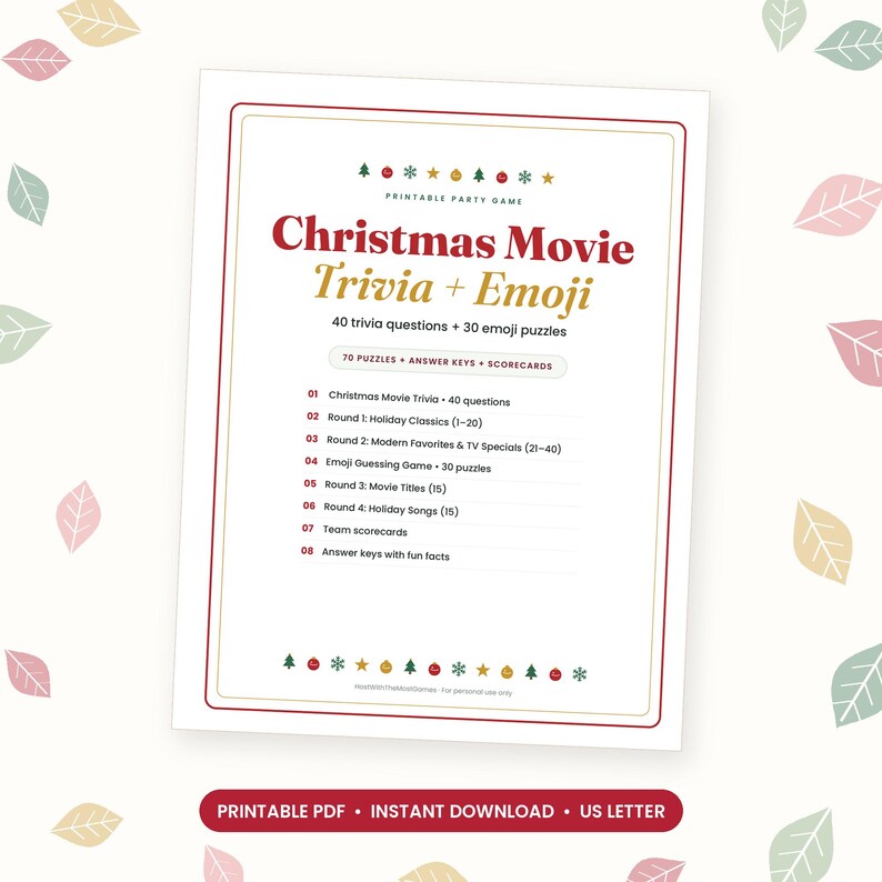 Christmas Movie Quiz with Answers, Holiday Movie Trivia Questions, Emoji Picture Round, Party Game for Adults and Kids, Printable PDF image 1