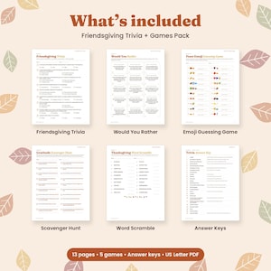 May include: A Friendsgiving trivia and games pack featuring six printed sheets including Friendsgiving Trivia, Would You Rather, Feast Emoji Guessing Game, Gratitude Scavenger Hunt, Thanksgiving Word Scramble, and Answer Keys, totaling 13 pages.
