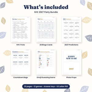 May include: A NYE 2027 party bundle featuring six printable pages: New Year Traditions Trivia, 20 Bingo Cards, 2027 Predictions, Countdown Hourly Bags, Emoji Guessing Game, and Happy New Year photo props. The set includes 33 pages total.