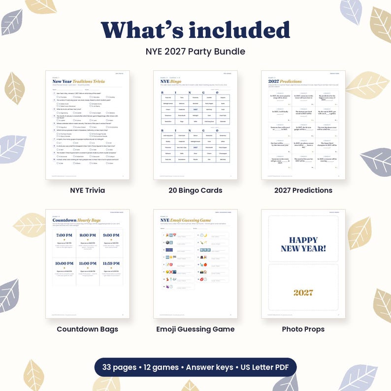 May include: A NYE 2027 party bundle featuring six printable pages: New Year Traditions Trivia, 20 Bingo Cards, 2027 Predictions, Countdown Hourly Bags, Emoji Guessing Game, and Happy New Year photo props. The set includes 33 pages total.