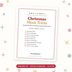 Christmas Music Trivia Questions and Answers Printable, Multiple Choice Holiday Song Quiz, 50 Questions, Christmas Party Game for Adults
