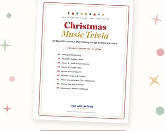 Christmas Music Trivia Questions and Answers Printable, Multiple Choice Holiday Song Quiz, 50 Questions, Christmas Party Game for Adults