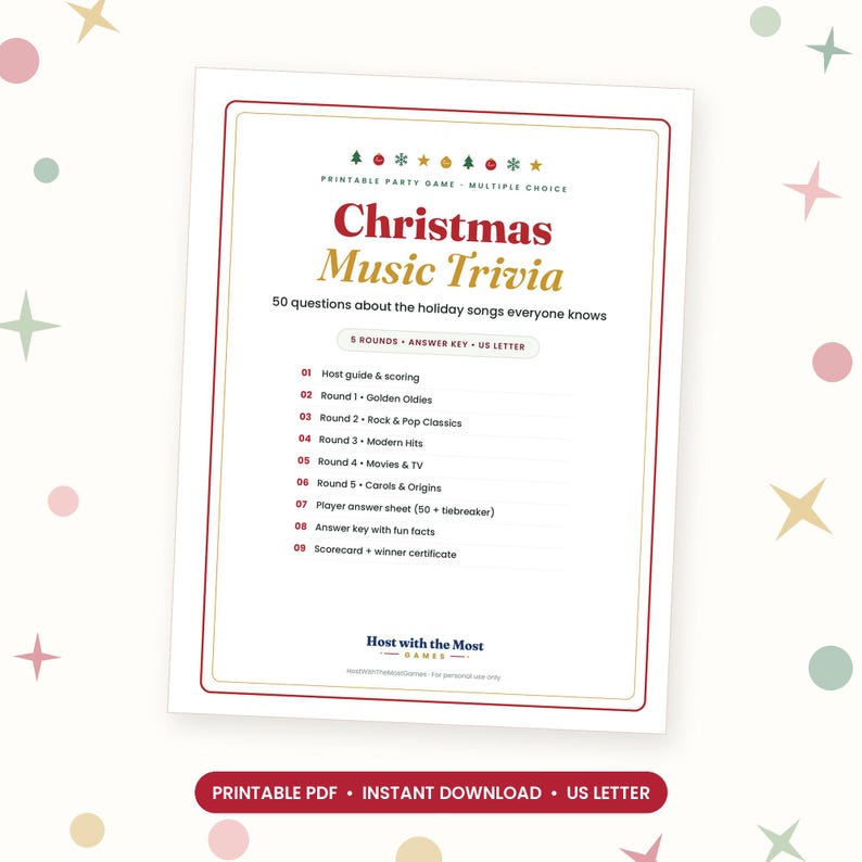 May include: A printable Christmas Music Trivia party game sheet with red and gold text. It lists 50 questions across 5 rounds, including sections for Golden Oldies, Pop Classics, Modern Hits, Movies, TV, and Carols, plus an answer key.