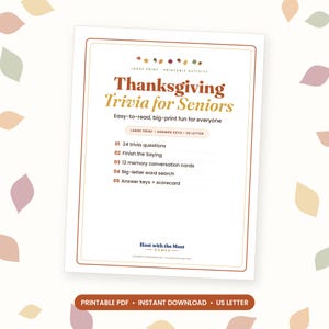 Thanksgiving Trivia for Seniors with Answers, Large Print Printable Senior Activity, Memory Games, Word Search, Assisted Living Game