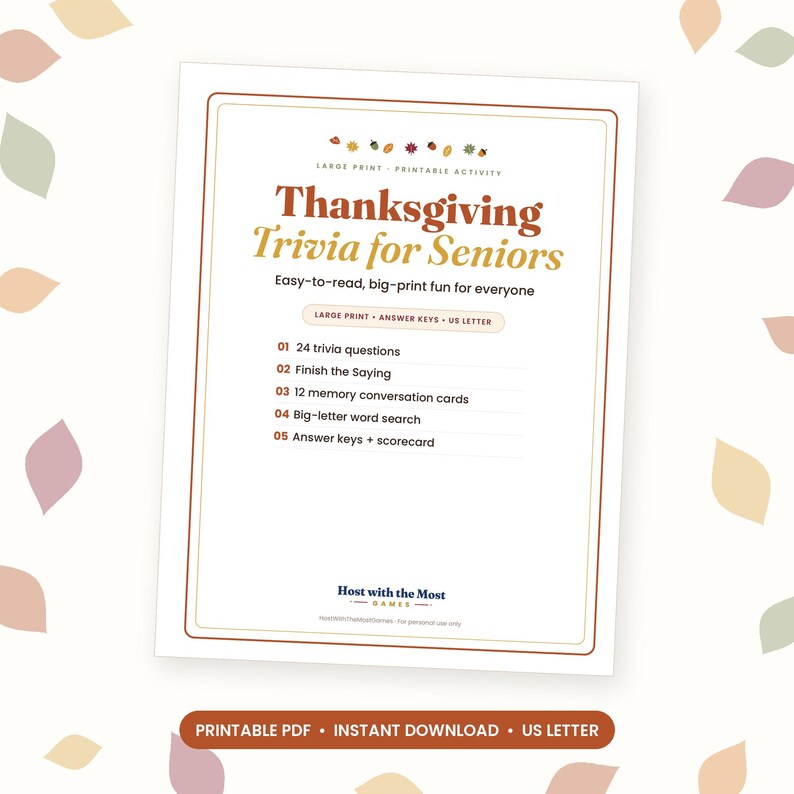 Thanksgiving Trivia for Seniors with Answers, Large Print Printable Senior Activity, Memory Games, Word Search, Assisted Living Game image 1