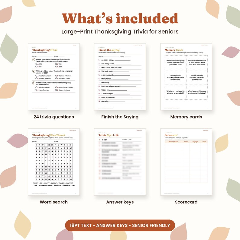 Thanksgiving Trivia for Seniors with Answers, Large Print Printable Senior Activity, Memory Games, Word Search, Assisted Living Game image 3