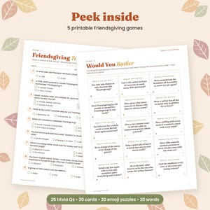 May include: Two printable game sheets for Friendsgiving featuring a trivia quiz with nine numbered questions and a Would You Rather game with twelve perforated cards. The text includes Peek inside, 5 printable Friendsgiving games, and 25 trivia Qs.