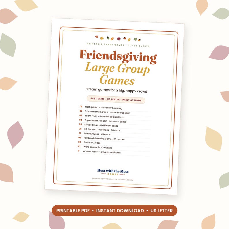 Friendsgiving Games for Large Groups, Printable Team Party Games for 20-50 Guests, Trivia, Bingo, Draw and Guess, Thanksgiving Party Pack image 1