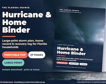 Hurricane Binder Printable, Large Print Florida Emergency Plan, Senior Storm Prep Checklist, Evacuation & Insurance Claim Log PDF