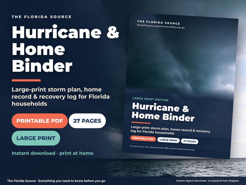 Hurricane Binder Printable, Large Print Florida Emergency Plan, Senior Storm Prep Checklist, Evacuation & Insurance Claim Log PDF image 1