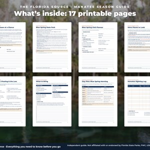 May include: A digital guide titled The Florida Source Manatee Season Guide featuring 17 printable pages. The layout displays eight distinct document sheets with text, checklists, and tables for planning manatee viewing trips in Florida.