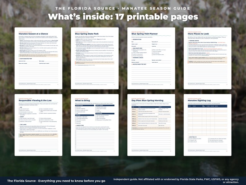 May include: A digital guide titled The Florida Source Manatee Season Guide featuring 17 printable pages. The layout displays eight distinct document sheets with text, checklists, and tables for planning manatee viewing trips in Florida.