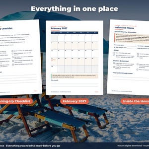 May include: Three white pages from a planner titled Everything in one place. The pages feature an Opening-Up Checklist, a February 2027 calendar, and an Inside the House section with air conditioning, humidity, water, and electrical checklists.
