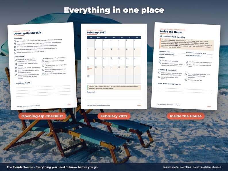 May include: Three white pages from a planner titled Everything in one place. The pages feature an Opening-Up Checklist, a February 2027 calendar, and an Inside the House section with air conditioning, humidity, water, and electrical checklists.