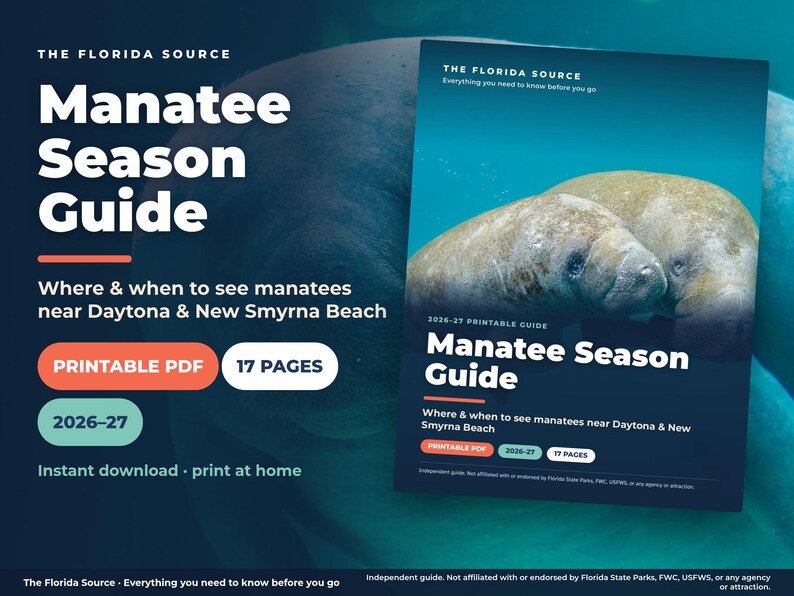 May include: A digital Manatee Season Guide printable PDF featuring two manatees in blue water. The text reads: The Florida Source, Manatee Season Guide, Where & when to see manatees near Daytona & New Smyrna Beach, 2026-27, 17 pages, and instant download.