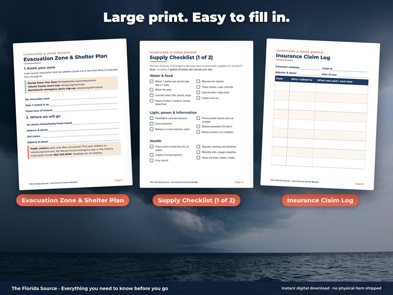 Hurricane Binder Printable, Large Print Florida Emergency Plan, Senior Storm Prep Checklist, Evacuation & Insurance Claim Log PDF image 3