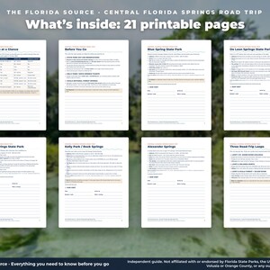 May include: A digital guide titled The Florida Source Central Florida Springs Road Trip featuring 21 printable pages. The document includes travel information, park details, checklists, and planning templates for various Florida springs.
