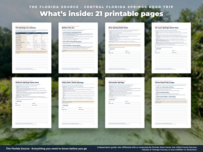 May include: A digital guide titled The Florida Source Central Florida Springs Road Trip featuring 21 printable pages. The document includes travel information, park details, checklists, and planning templates for various Florida springs.