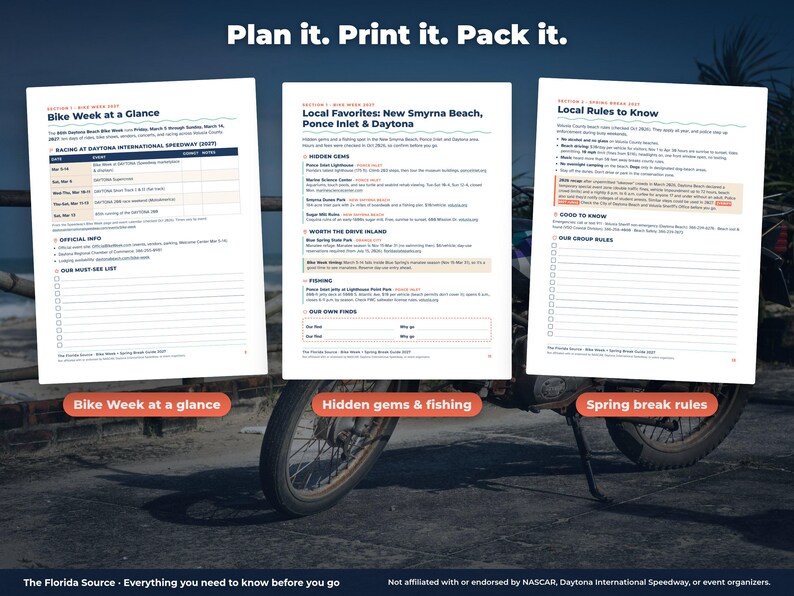 Bike Week + Spring Break Guide, Daytona Beach March 2027, Printable Motorcycle Rally Planner, Packing List, Budget PDF image 3
