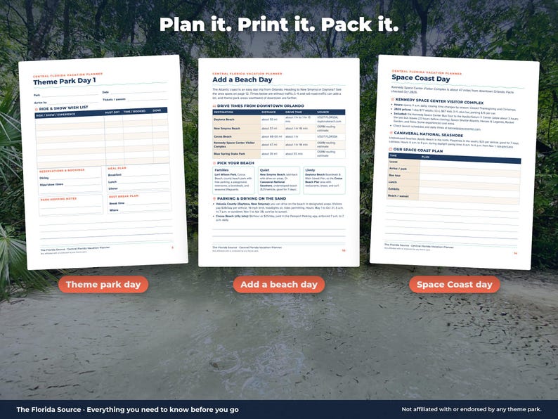 Orlando Vacation Planner Printable, Florida Family Trip Planner, Theme Park Day Planner, Beach Day + Packing List PDF image 3