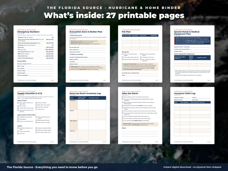 Hurricane Binder Printable, Large Print Florida Emergency Plan, Senior Storm Prep Checklist, Evacuation & Insurance Claim Log PDF image 2