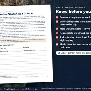 May include: A white informational sheet titled Manatee Season at a Glance with text about manatee viewing, a trip planner section with lines, and a sidebar listing features like a reservation log and day plans in US Letter format.