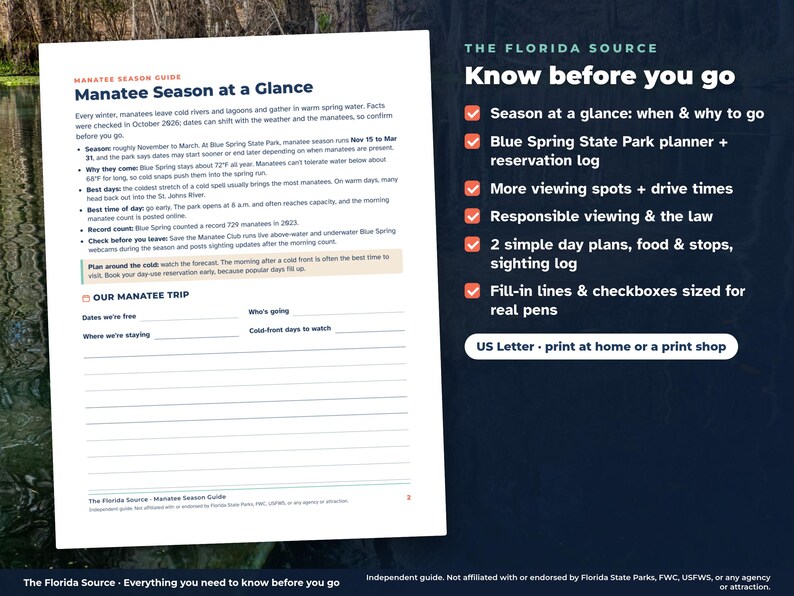 May include: A white informational sheet titled Manatee Season at a Glance with text about manatee viewing, a trip planner section with lines, and a sidebar listing features like a reservation log and day plans in US Letter format.