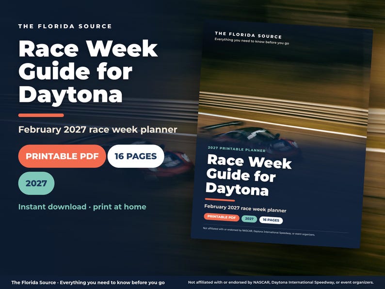 Tävlingsveckoguide för Daytona 2027, utskrivbar tävlingsplanerare, checklista för bakgatan, tävlingsdagslogg, speedway-resplan i PDF-format bild 1