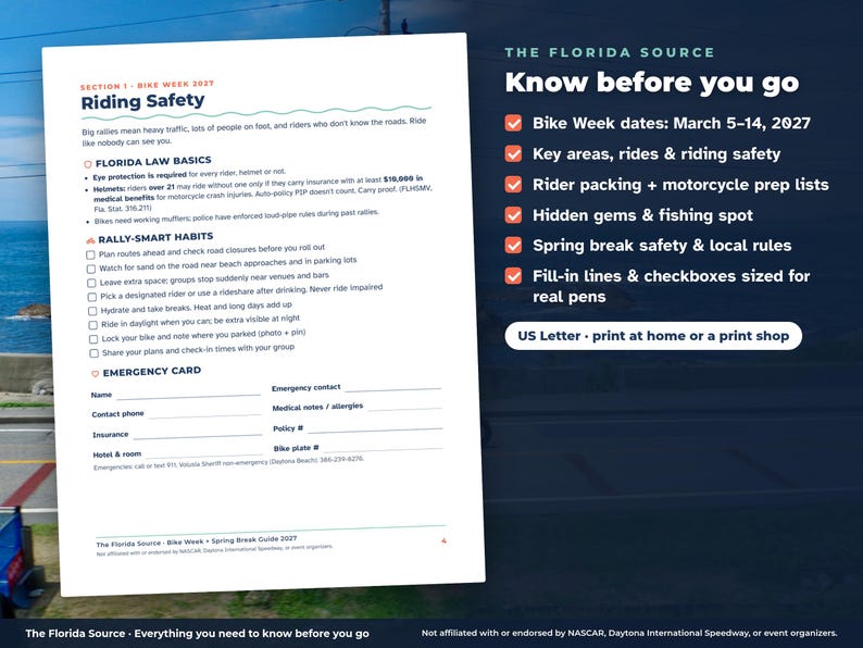 Bike Week + Spring Break Guide, Daytona Beach March 2027, Printable Motorcycle Rally Planner, Packing List, Budget PDF image 4
