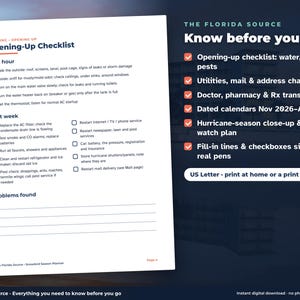 May include: A white document titled Opening-Up Checklist with sections for the first hour and first week of tasks. The right side lists features including dated calendars from Nov 2026 to Apr 2027 and a hurricane-season close-up plan.