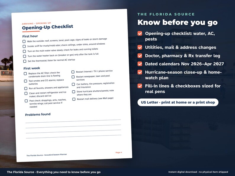 May include: A white document titled Opening-Up Checklist with sections for the first hour and first week of tasks. The right side lists features including dated calendars from Nov 2026 to Apr 2027 and a hurricane-season close-up plan.