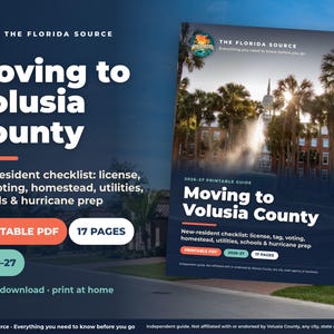 Moving to Volusia County Guide Printable, New Resident Checklist for Daytona Beach, DeLand & New Smyrna, Florida Relocation Planner PDF