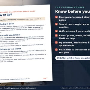 May include: A white informational document titled The Villages & Lake/Sumter Senior Guide: Stay or Go? featuring emergency evacuation advice, shelter information, and a checklist of resources including storm-season pages, golf cart rules, and medical contacts.