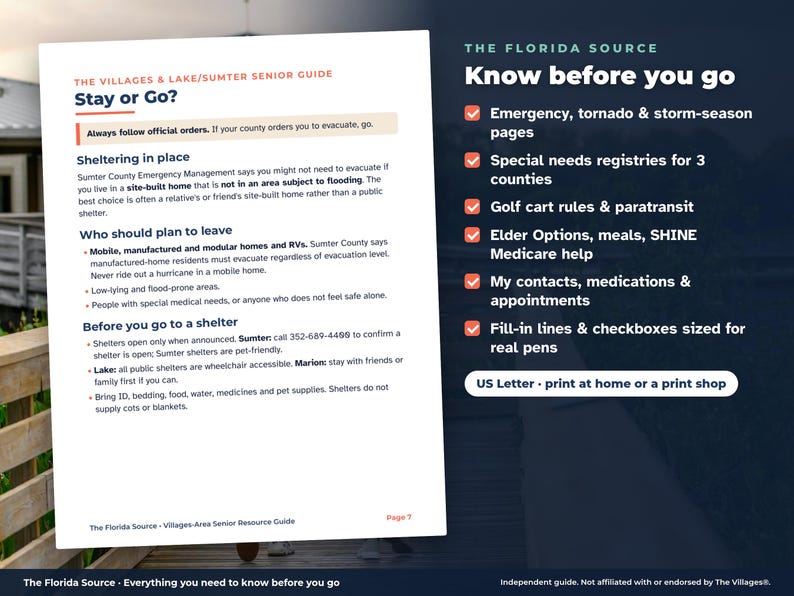 May include: A white informational document titled The Villages & Lake/Sumter Senior Guide: Stay or Go? featuring emergency evacuation advice, shelter information, and a checklist of resources including storm-season pages, golf cart rules, and medical contacts.