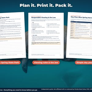 May include: Three white informational pages titled Plan it. Print it. Pack it. The pages provide a guide for Blue Spring State Park, including responsible viewing laws and a day plan. Each page features black text, bullet points, and tables.
